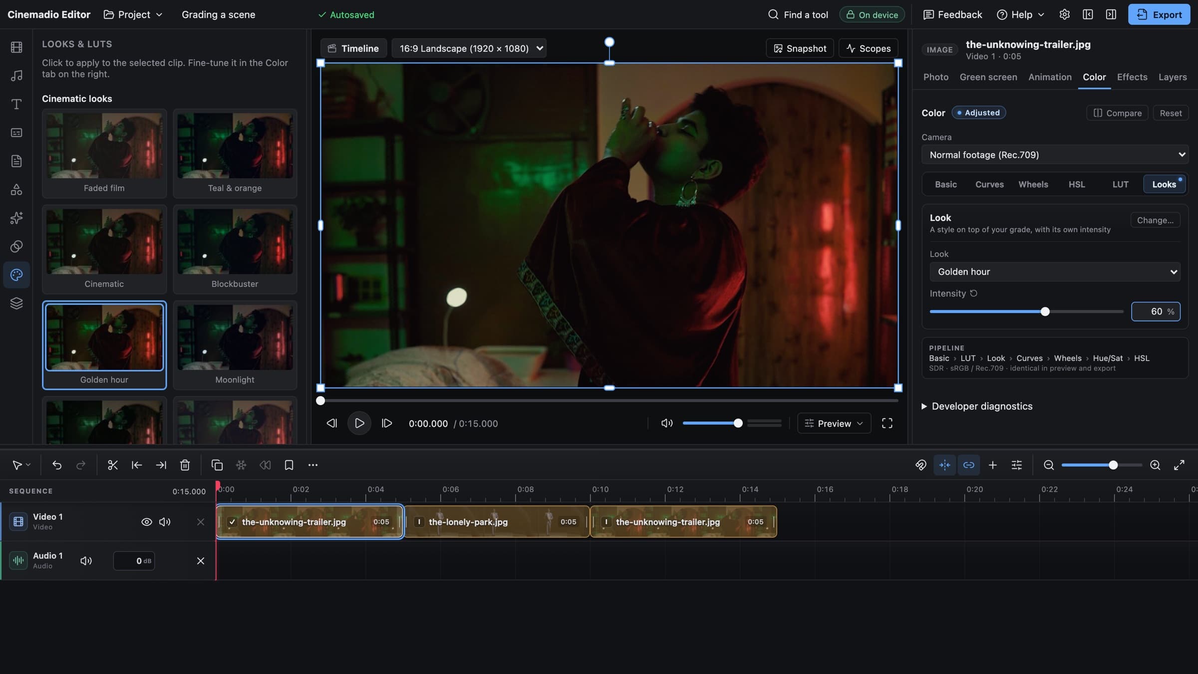 The Looks and LUTs panel in the Cinemadio Editor, with the Golden hour look selected at 60 percent intensity on a film still in the preview.