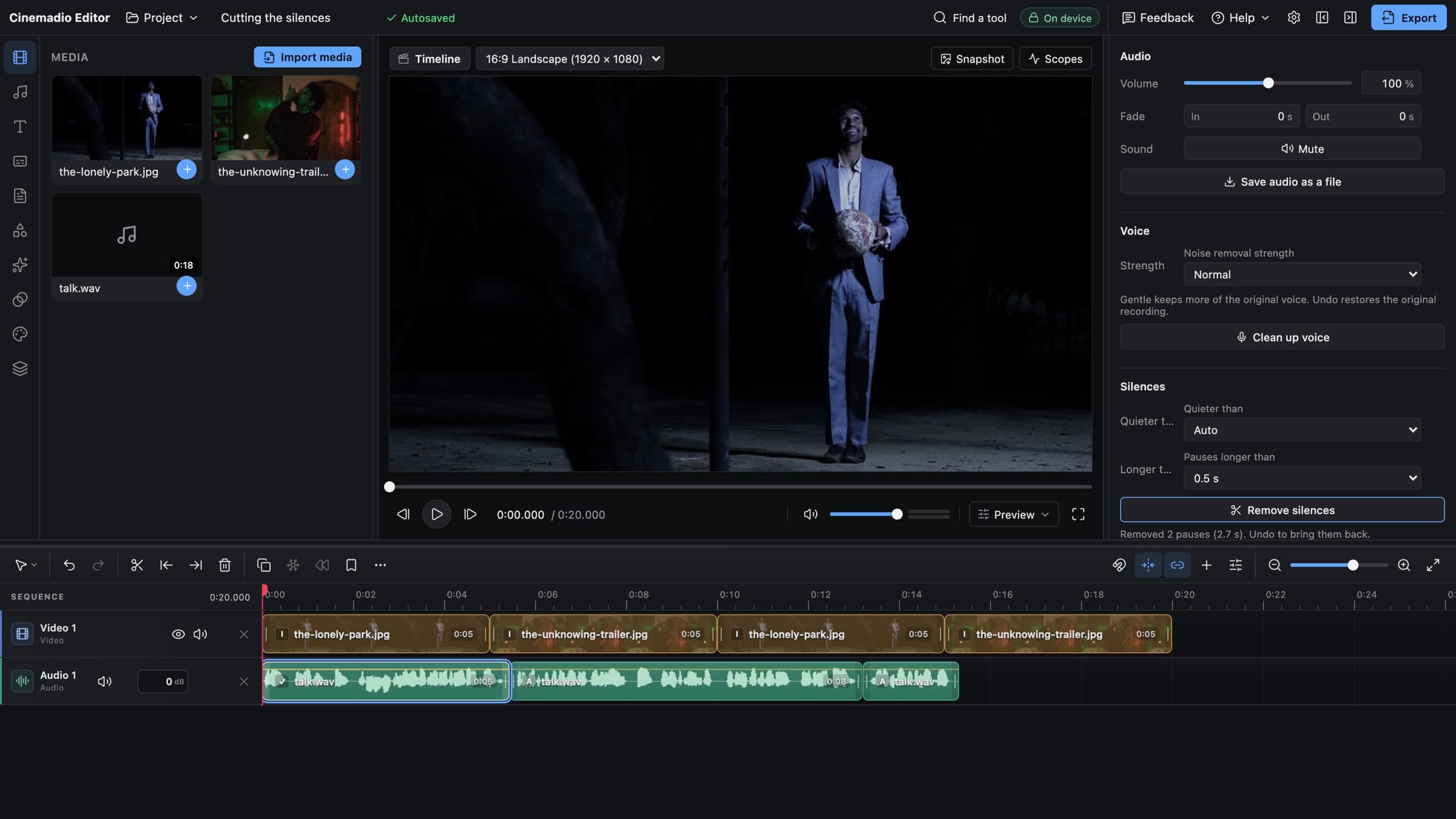 The Cinemadio Editor after Remove silences has run. The Silences settings say two pauses were removed, and the sound clip on the timeline is cut into three closed up pieces.