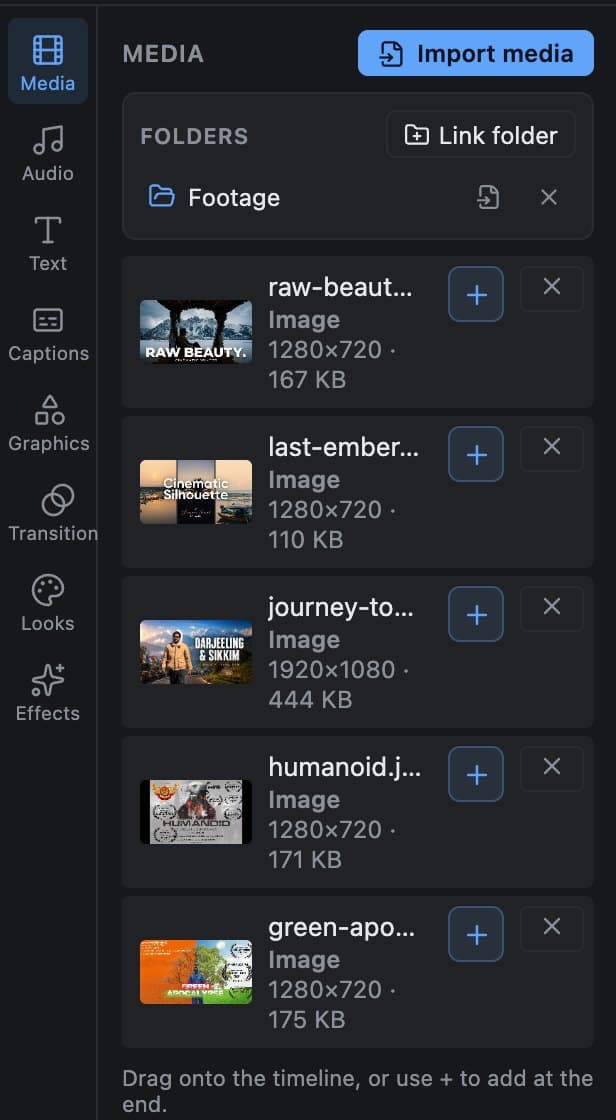 The Media panel with a linked Footage folder and the imported film stills