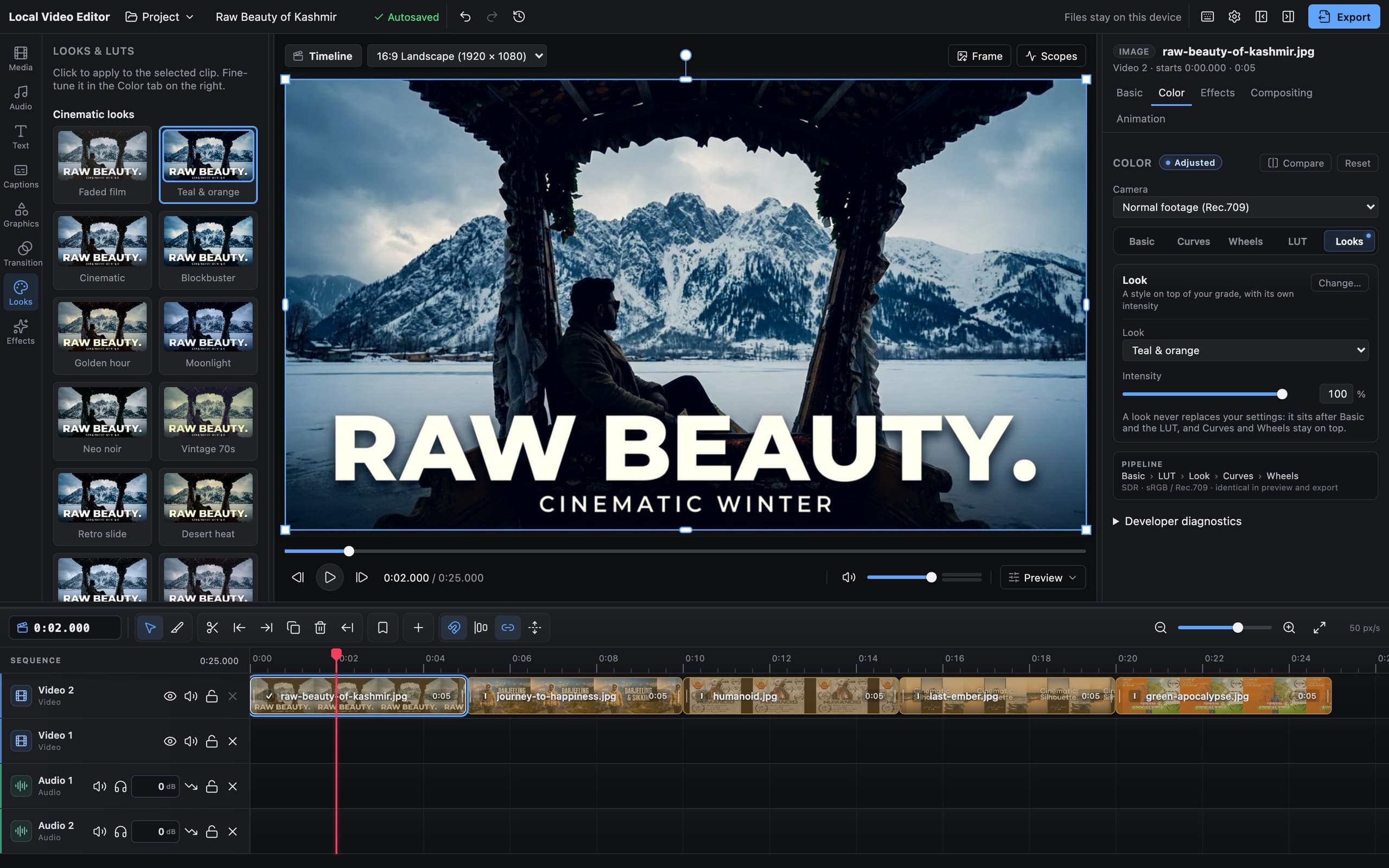 The Cinemadio Editor: a film still in the preview with the Teal & orange look applied, look previews on the left, colour controls on the right and five shots on the timeline