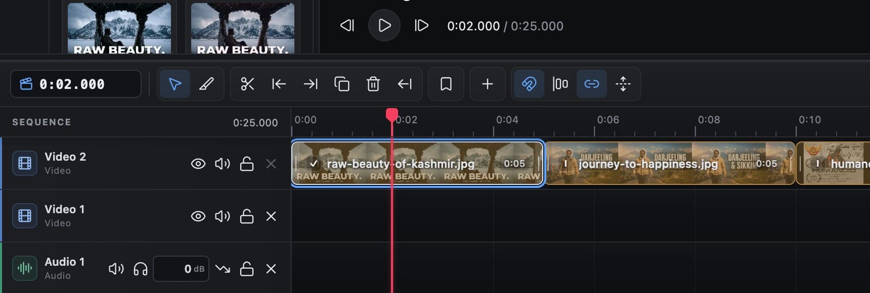 The timeline with five shots on a video track, the playhead and the editing toolbar