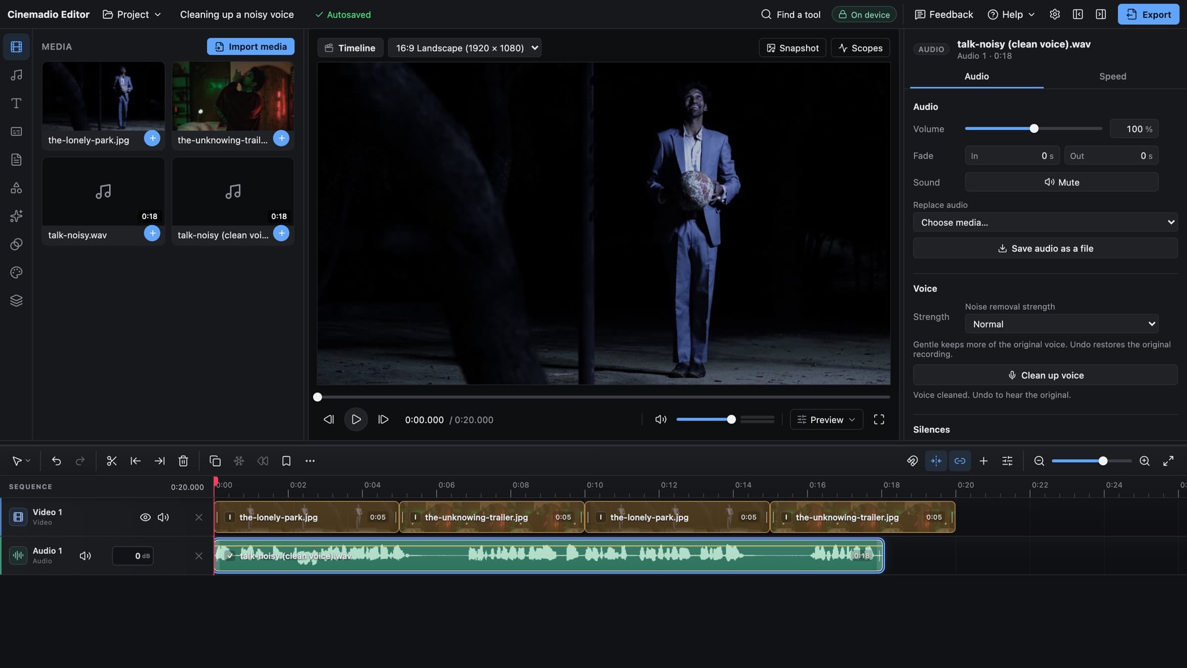 The Cinemadio Editor after Clean up voice has run. The Voice settings say the voice was cleaned, and a cleaned copy of the sound sits on the timeline.