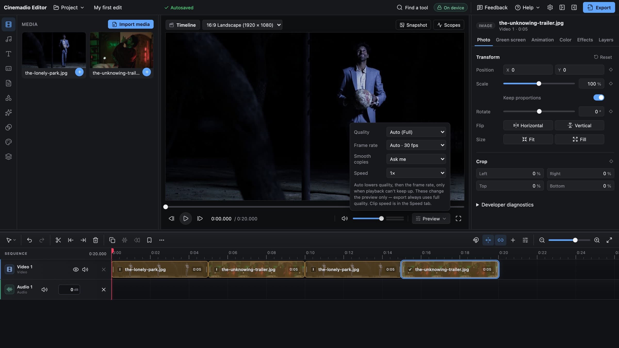 The Preview settings menu open in the Cinemadio Editor, with options for quality, frame rate, smooth playback copies and speed, above a timeline of four shots.