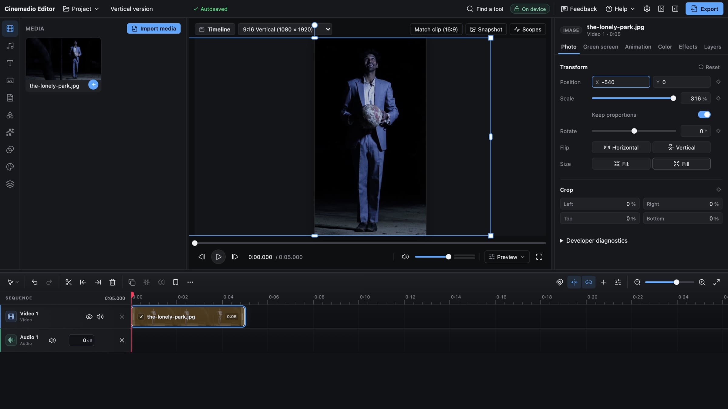 The Cinemadio Editor with a vertical 9 by 16 canvas. A wide film still has been scaled to fill it and moved so the standing man stays in the middle of the frame.