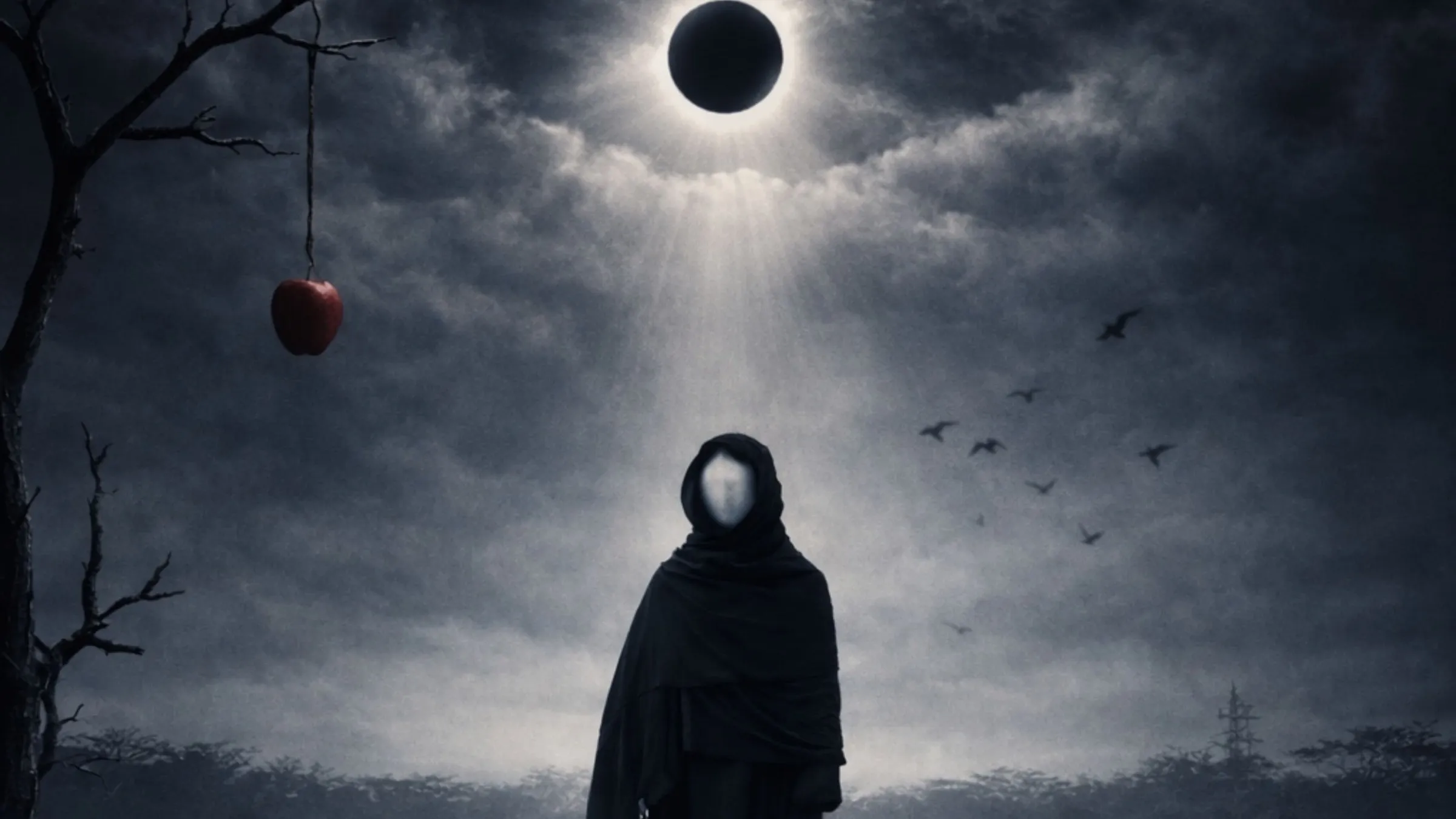 Key art from The Unknowing. Rays of light break through heavy cloud around a dark eclipse, above a bare tree and a hooded figure standing in mist.