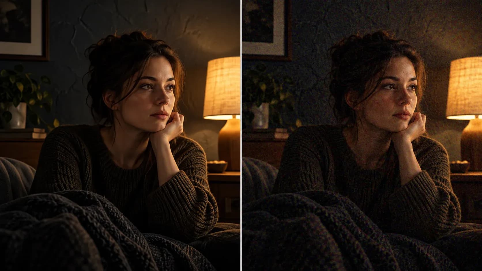 Two illustrated views of a dim room, one with clear details and one with coloured noise in the shadows